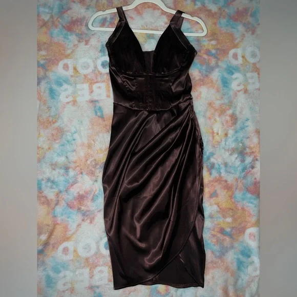 Sleek Brown Satin Corset Dress - Picture 2 of 5